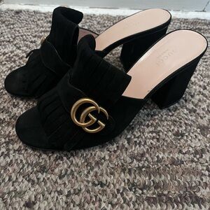 Gucci Black Suede GG Marmot Logo Fringe Mule Sandals 39